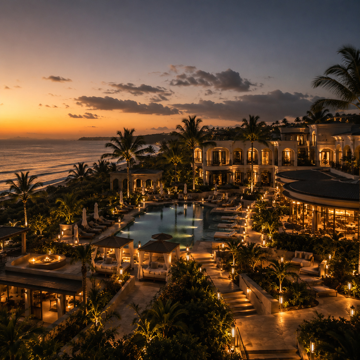 Evening resort complex with illuminated architecture, pool landscape and palms