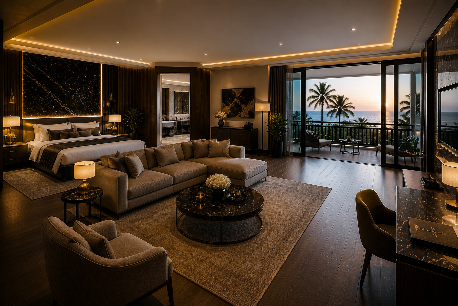 Spacious bedroom suite in a beach residence with terrace, pool and ocean views